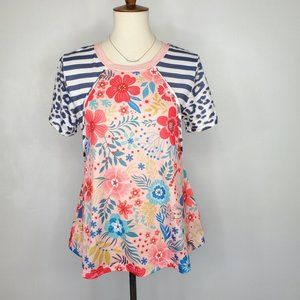 Misslook Mixed Pattern Blocking Bright Cheerful Short Sleeve Top, Size S